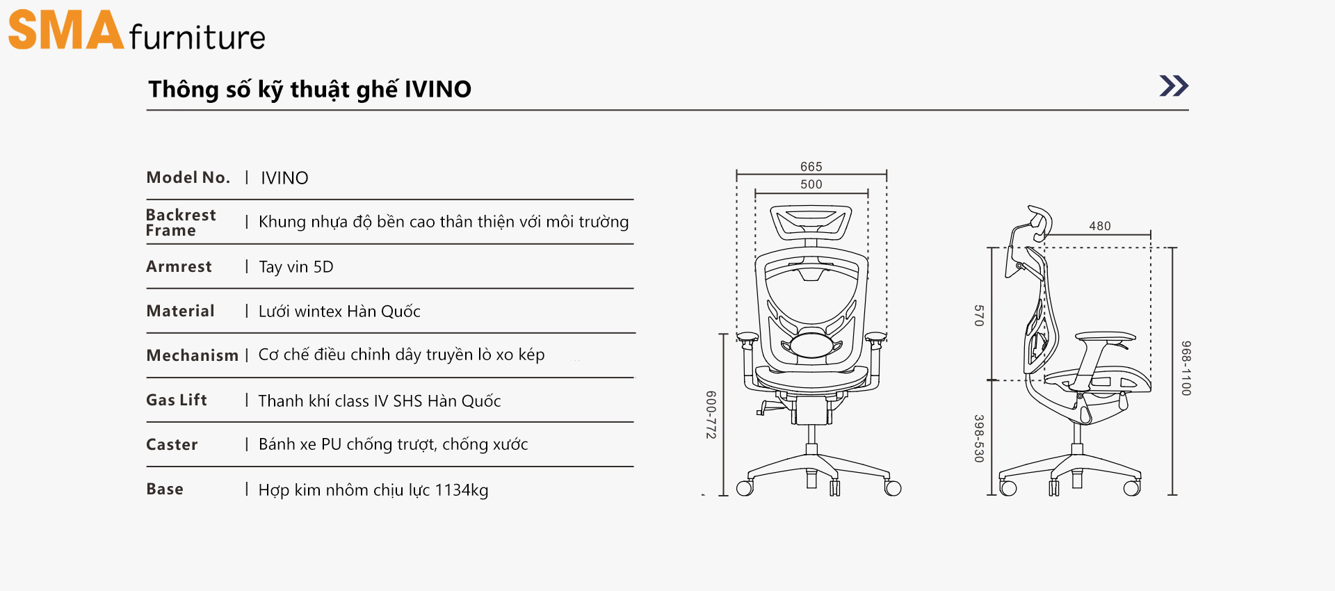 Thông số kỹ thuật ghế công thái học GT Chair Ivino