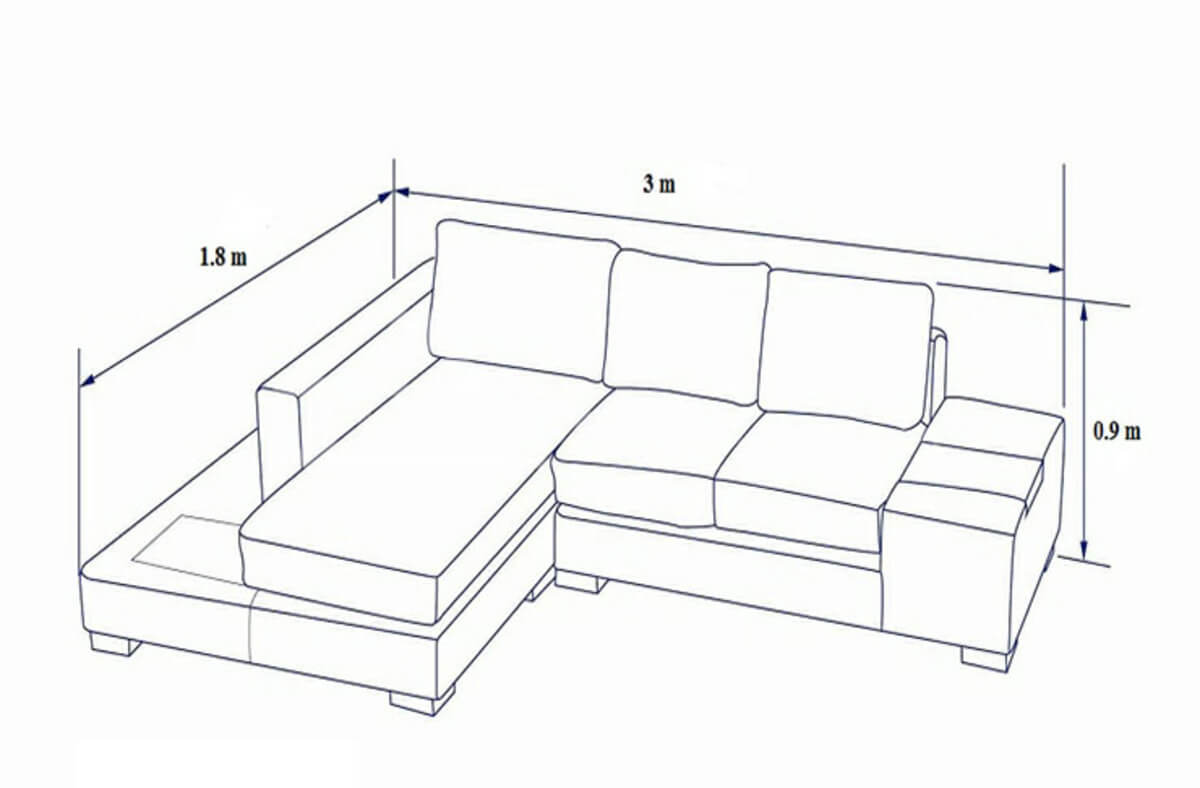 Kích thước sofa chữ L 3mx1,8mx0,9m