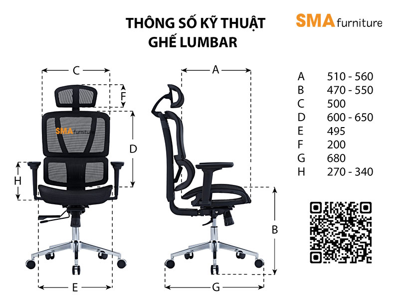 Thông số kích thước ghế công thái học lumbar