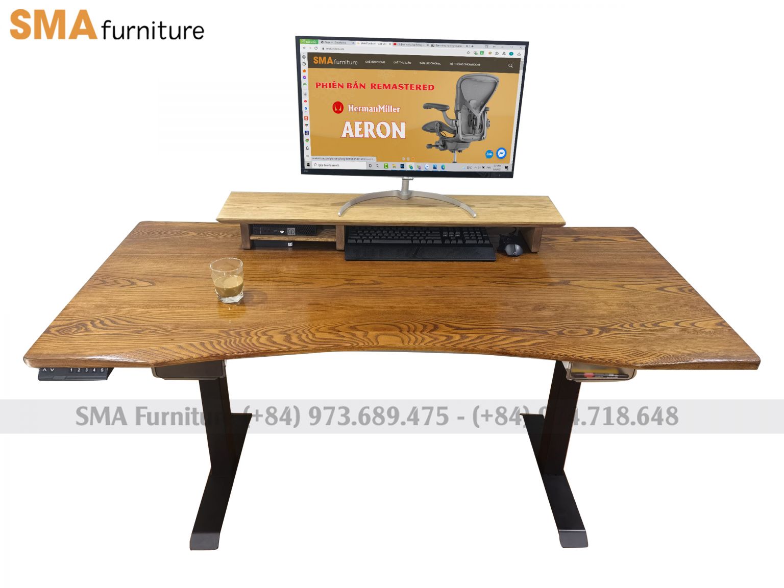 Chân bàn nâng hạ với mặt bàn bằng gỗ sồi cao cấp