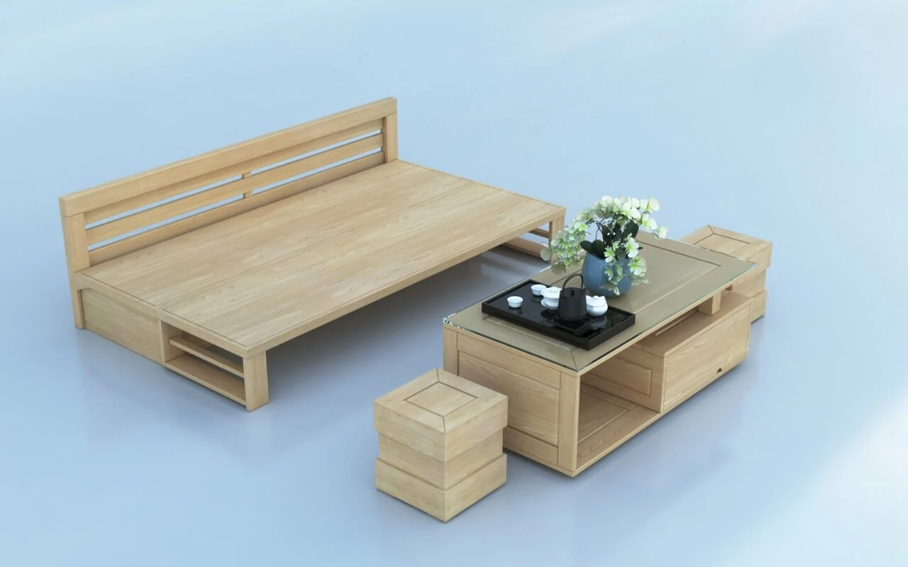 Mẫu bàn ghế sofa gỗ kết hợp giường ngủ tiện lợi