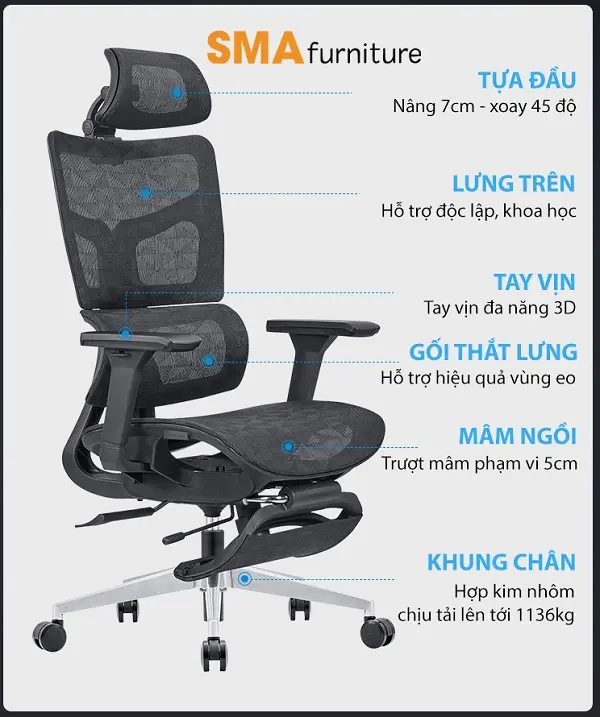 Loại ghế này có thể điều chỉnh được độ cao cho phù hợp với cơ thể người dùng