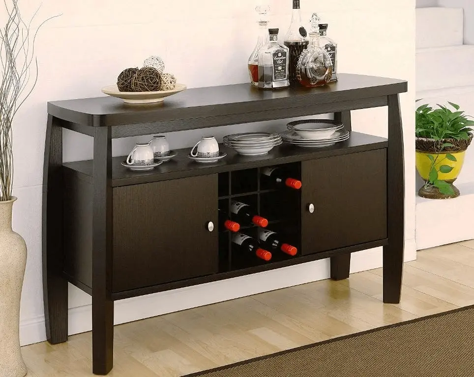 Mẫu bàn ăn thiết kế dạng hình chữ nhật với phần chân bàn chứa các ô kệ để rượu