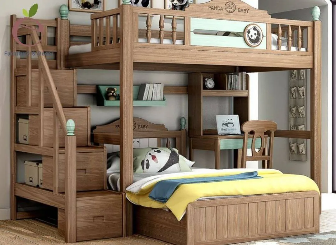 Mẫu giường tầng kết hợp bàn làm việc chất liệu gỗ mang hơi hướng cổ điển