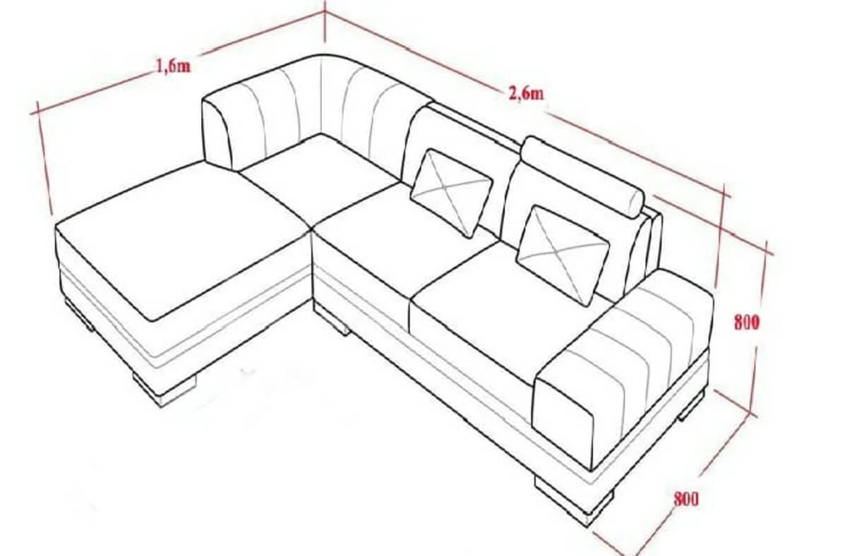 Kích thước sofa chữ L 2,6m x 1,6m x 0,8m