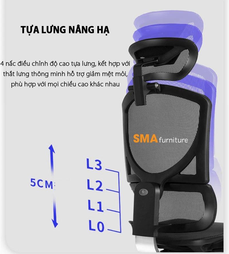 Tựa lưng nâng hạ 3 cấp dễ dàng tương thích với mọi chiều cao