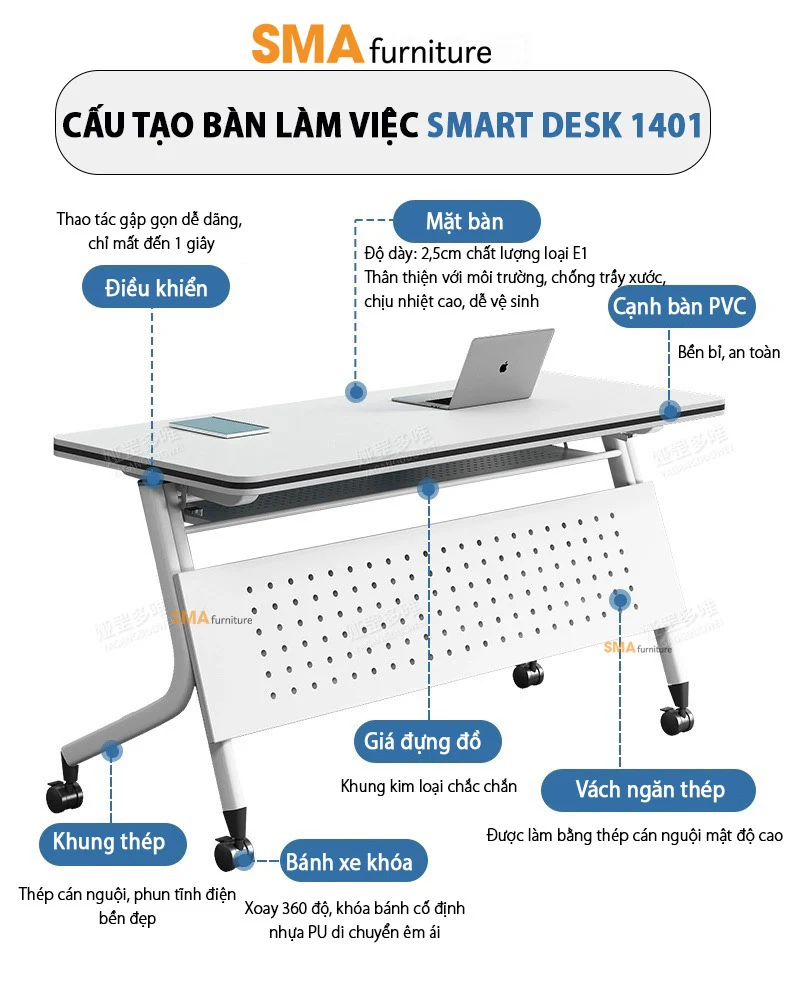 Dòng bàn làm việc thông minh với bánh xe di chuyển linh hoạt