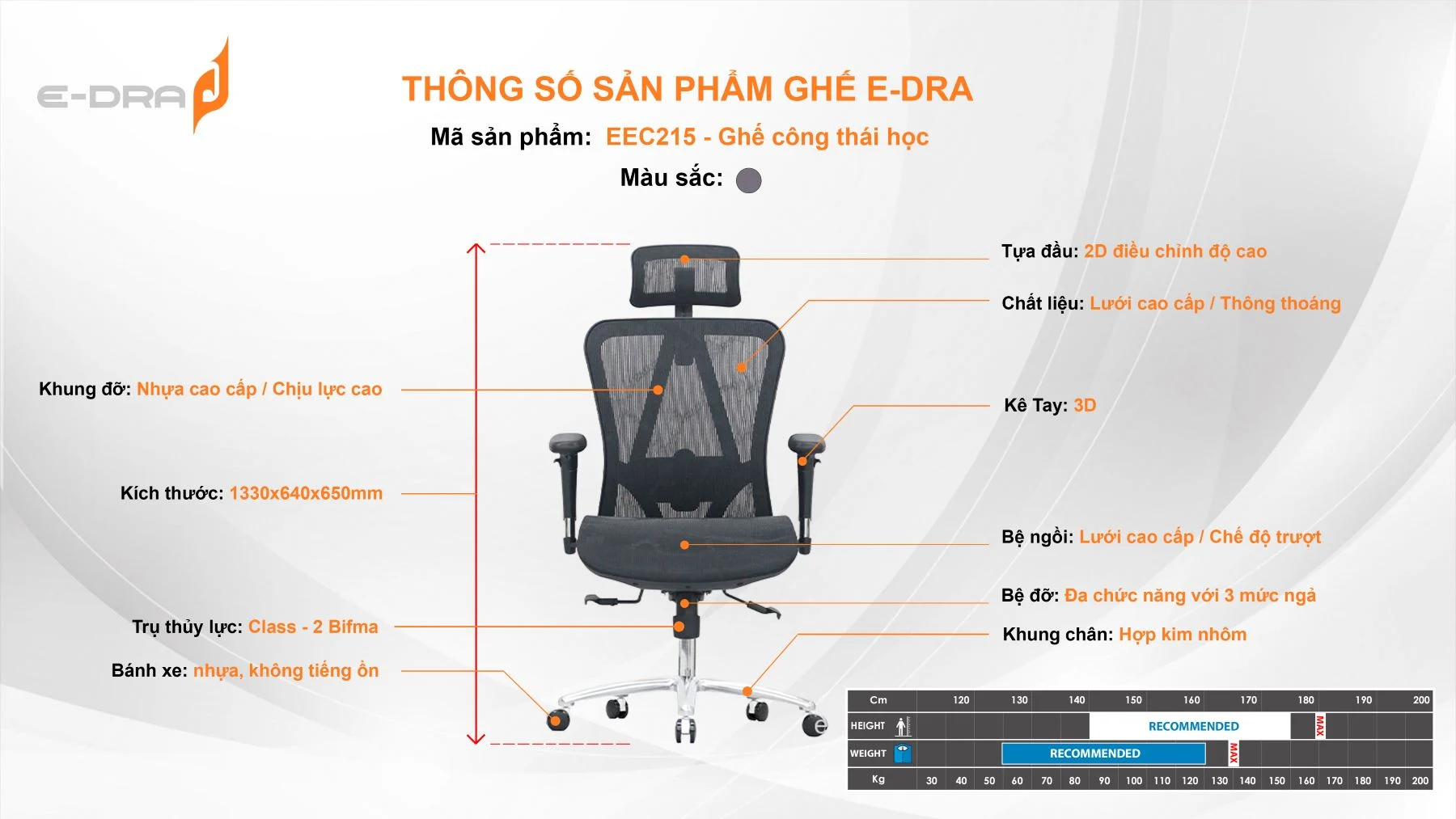 Ghế công thái học e-dra trang bị chân kim loại chịu lực