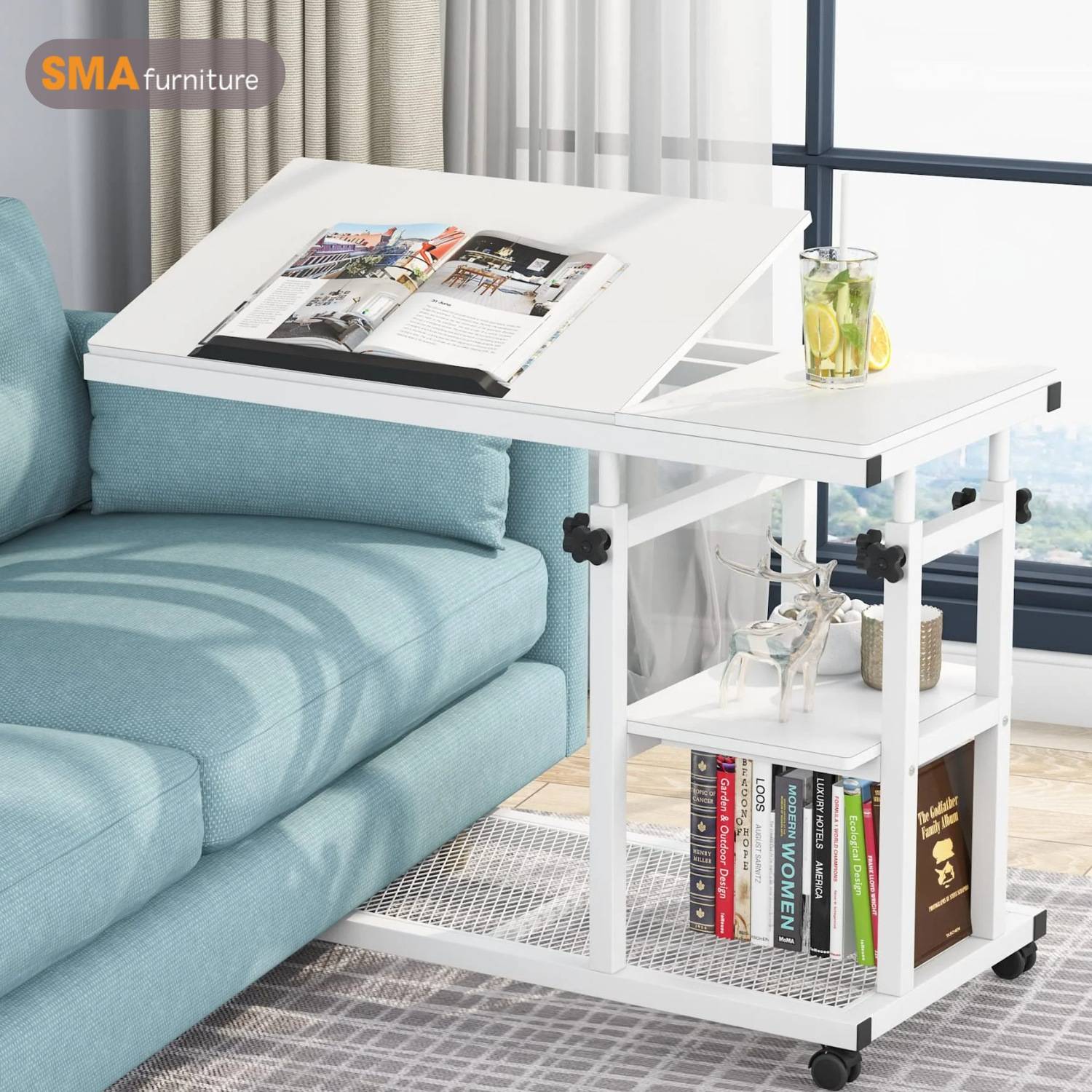 Thiết kế giá sách kết hợp với bàn laptop trên giường