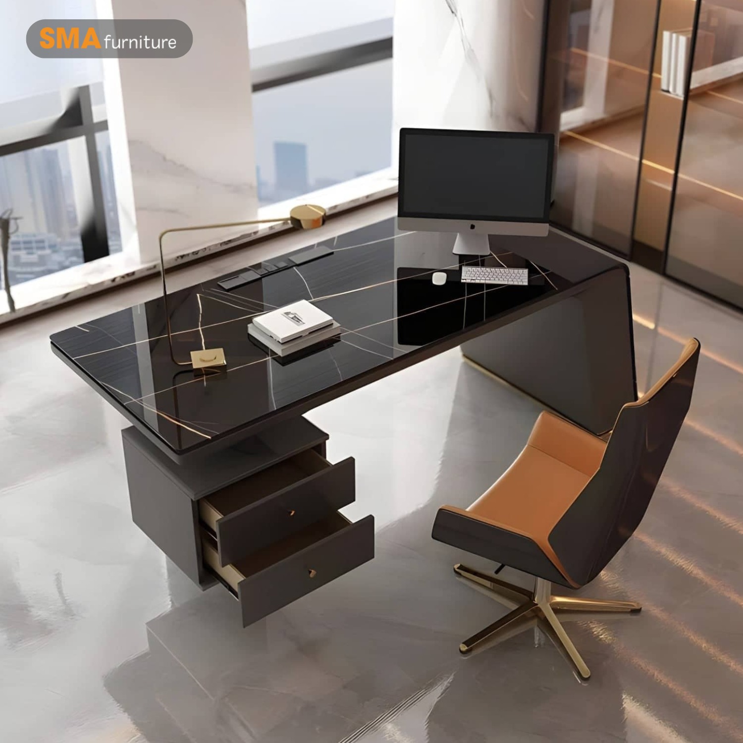 Mẫu bàn giám đốc 1m8 BGD683 có thêm tủ kệ đựng tài liệu