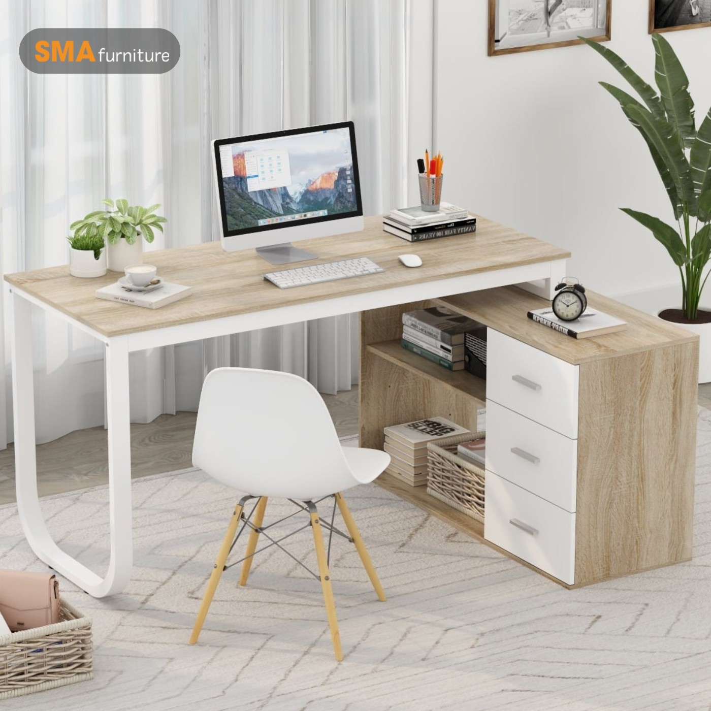 Bàn làm việc gỗ cao su chân bàn chữ U